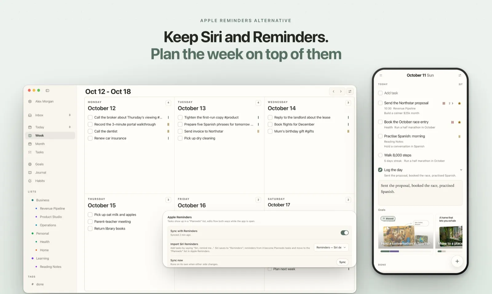 Plannedo as an Apple Reminders alternative: the Week view on a Mac, the Apple Reminders sync settings and the Today page on an iPhone, under the headline 'Keep Siri and Reminders. Plan the week on top of them'.