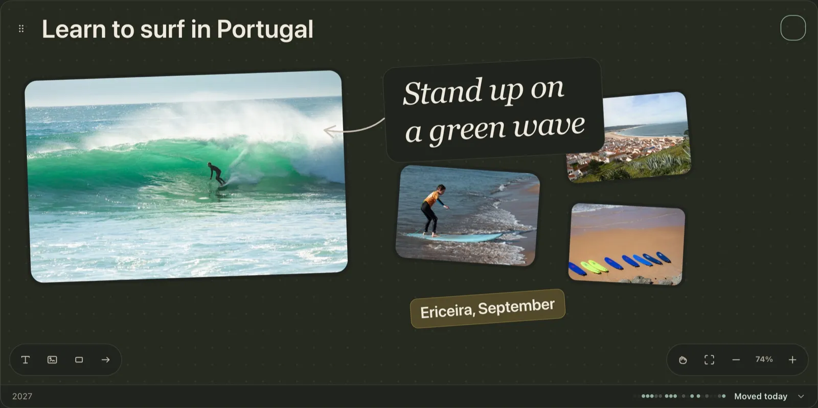 The finished digital vision board 'Learn to surf in Portugal': a large photo of a surfer in a green wave, the handwritten line 'Stand up on a green wave' with an arrow to it, three smaller photos of a beginner on a board, the town of Nazaré and a row of surfboards, and a sticky note 'Ericeira, September', deadline 2027 and 'Moved today'.