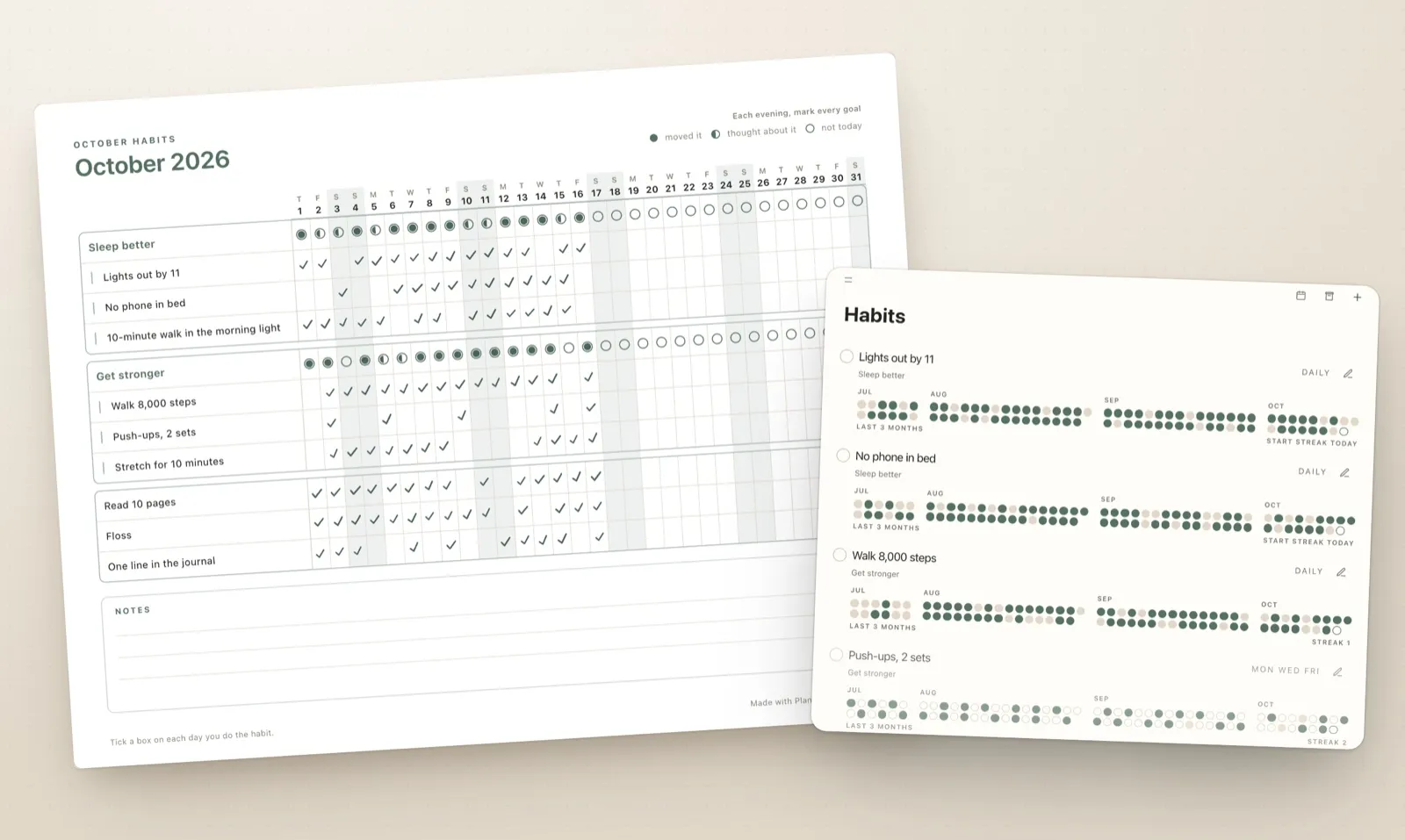 A printed October habit tracker with ticks for the first half of the month under the goals 'Sleep better' and 'Get stronger', next to Plannedo's Habits screen showing three months of history for 'Lights out by 11', 'No phone in bed', 'Walk 8,000 steps' and 'Push-ups, 2 sets'.