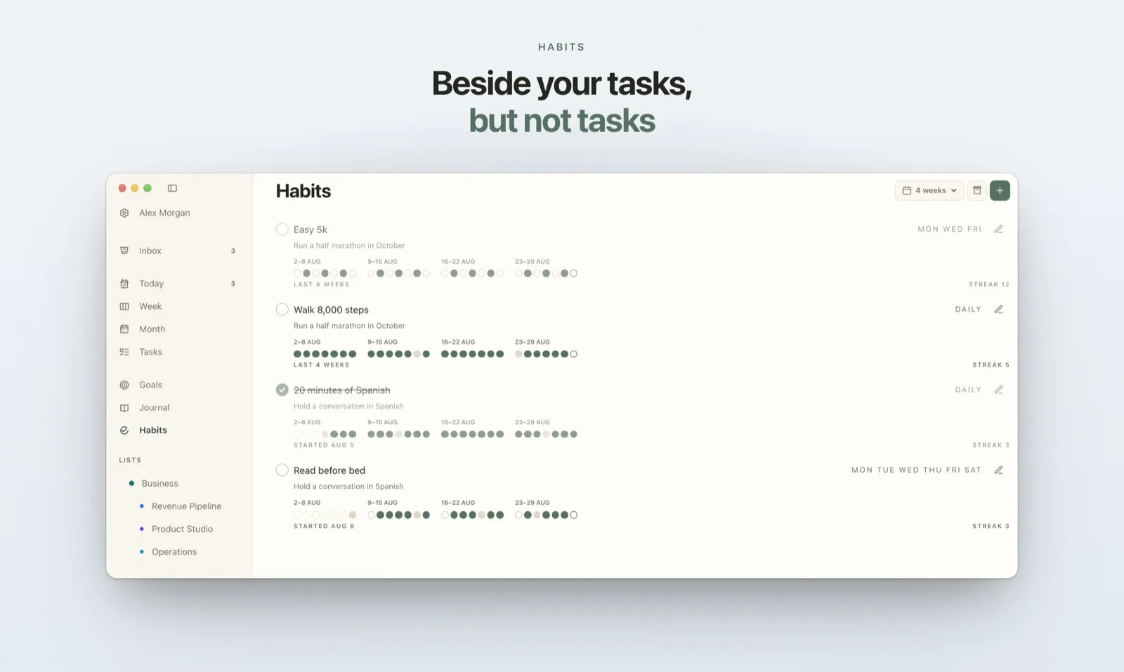 The Habits screen of Plannedo on a Mac: four habits, each with its goal, schedule, four weeks of dots and a streak.