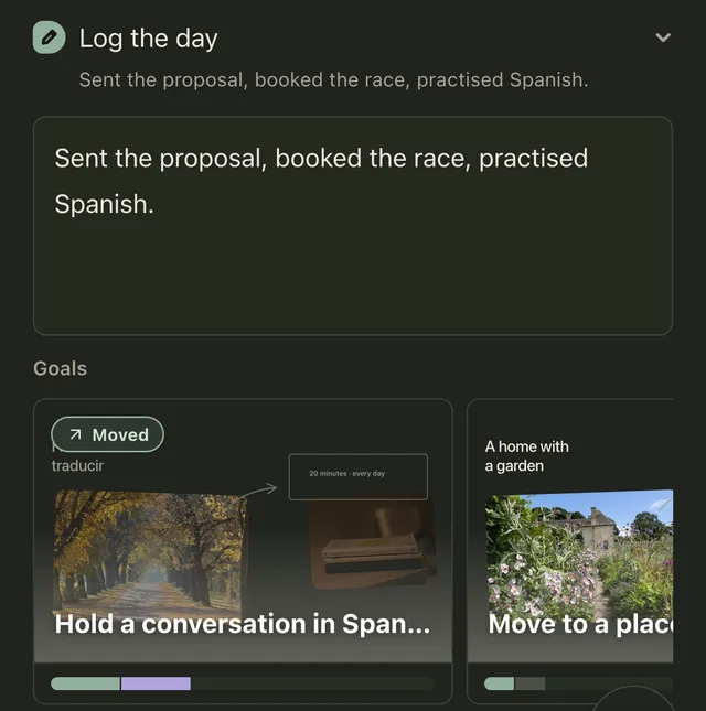 Log the day in Plannedo on an iPhone: a short note about the day, and goal boards below it, the first one marked Moved.