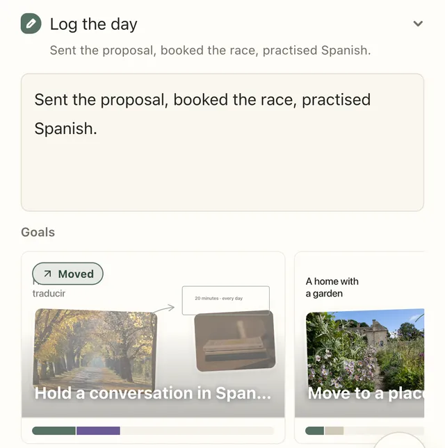 Log the day in Plannedo on an iPhone: a short note about the day, and goal boards below it, the first one marked Moved.