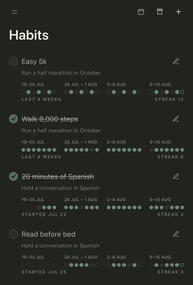 The Habits screen on an iPhone: four habits, each with its goal, four weeks of dots and a streak.