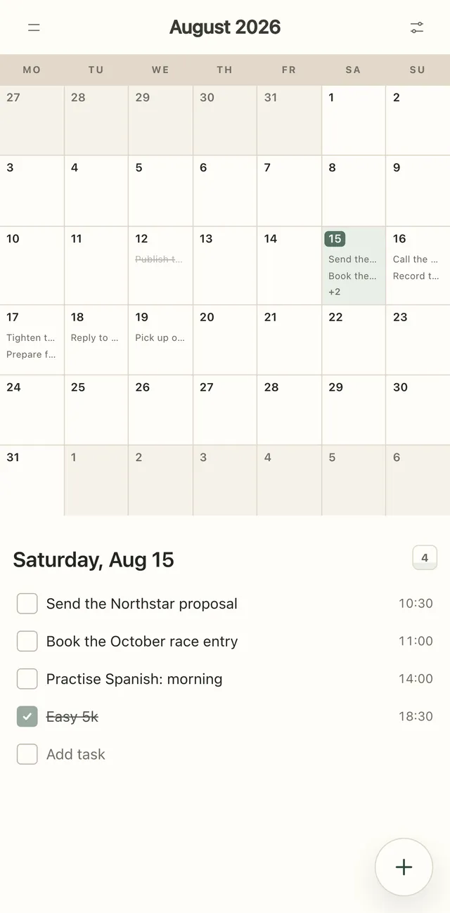 Month on an iPhone: a calendar grid with task titles in each day and the selected day's tasks below.