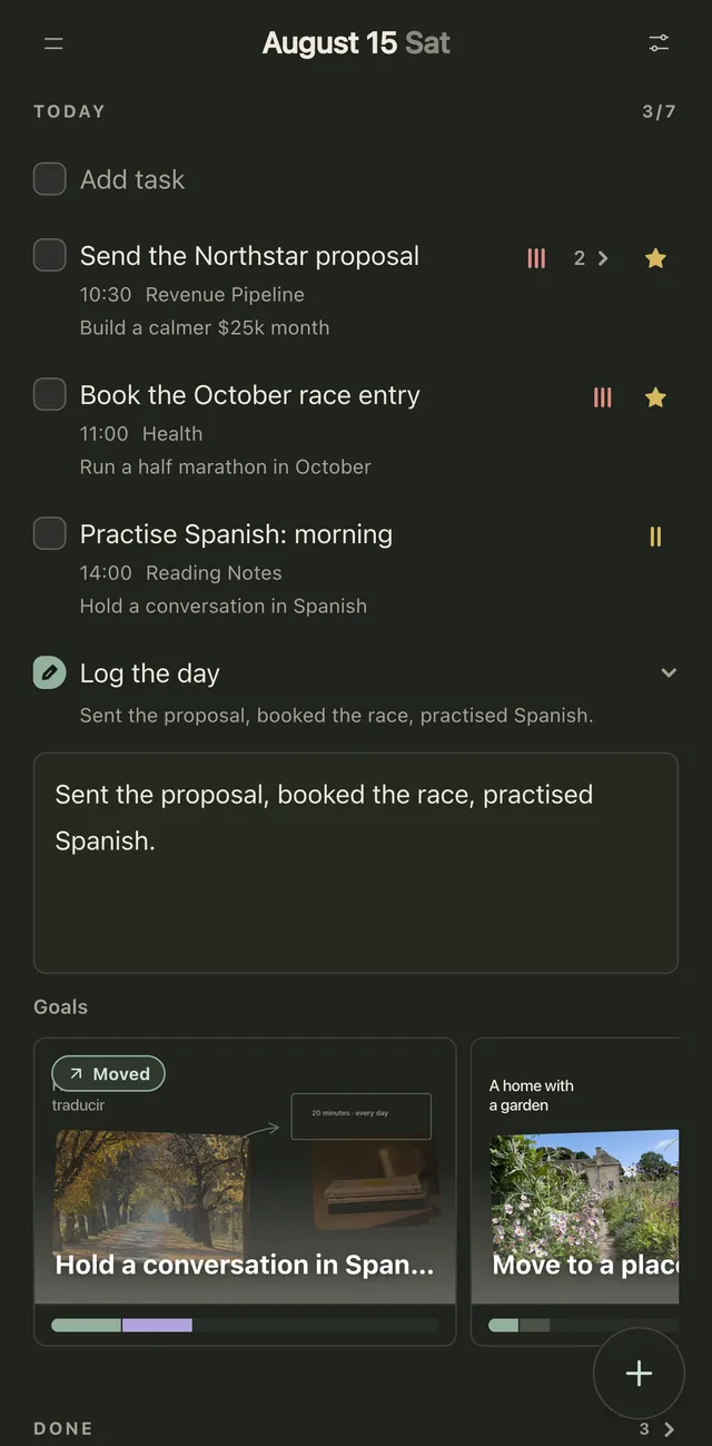 The Today page on an iPhone: the date, three tasks with times, lists and goals, the Log the day entry and a strip of goal boards.
