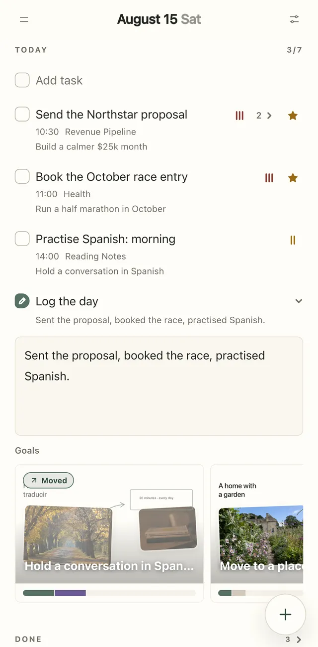 The Today page on an iPhone: the date, three tasks with times, lists and goals, the Log the day entry and a strip of goal boards.