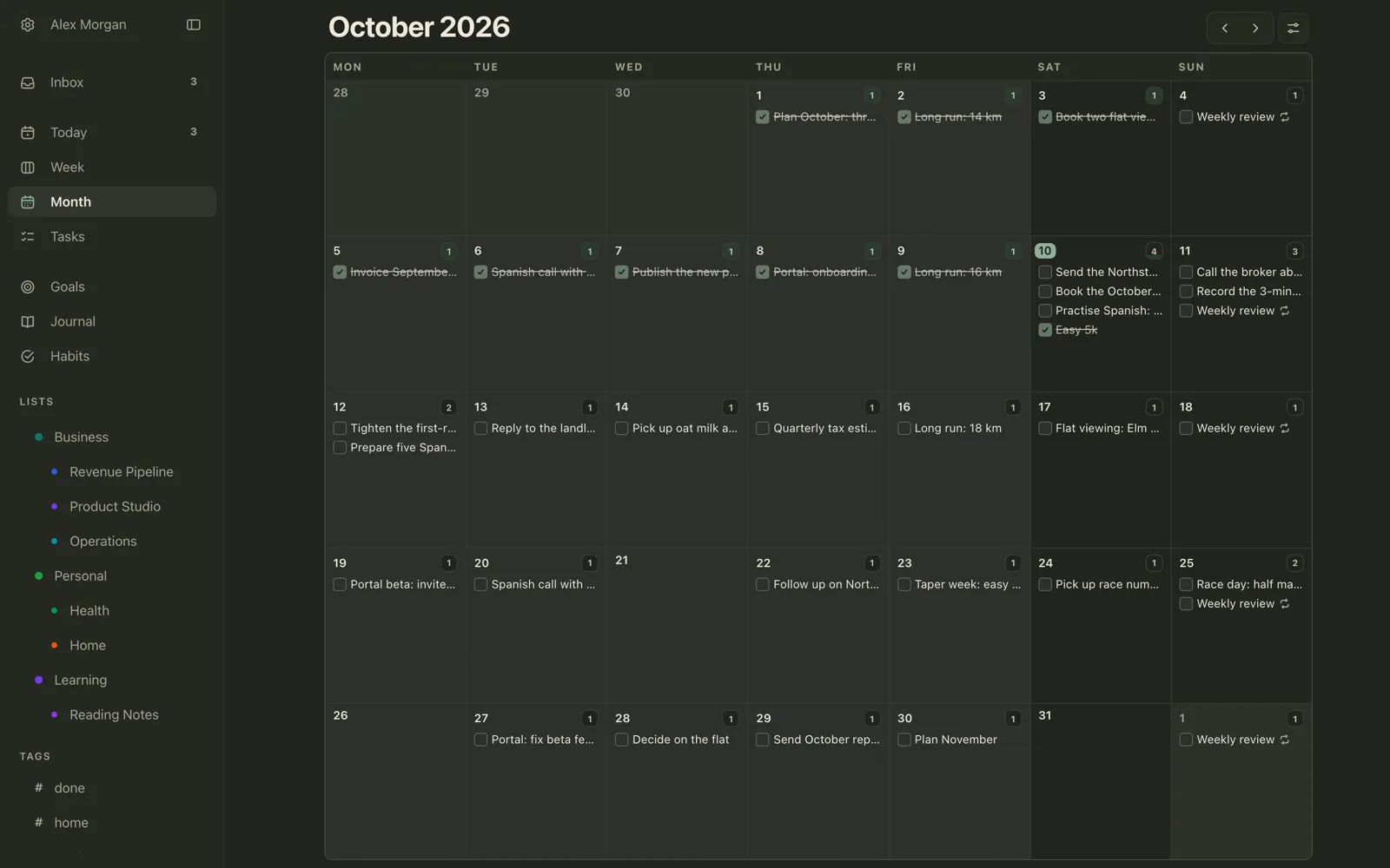 Plannedo's Month view on a Mac for October 2026: done tasks crossed out in the first week, today highlighted, a weekly review repeating on Sundays, and a half marathon on the 25th.