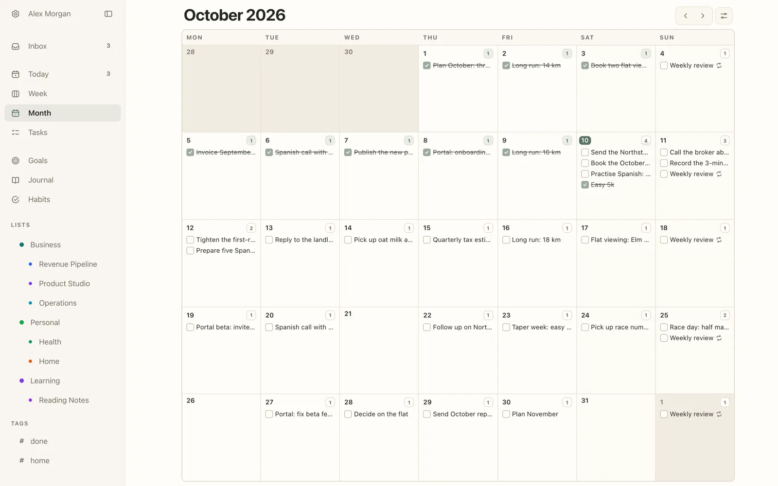 Plannedo's Month view on a Mac for October 2026: done tasks crossed out in the first week, today highlighted, a weekly review repeating on Sundays, and a half marathon on the 25th.