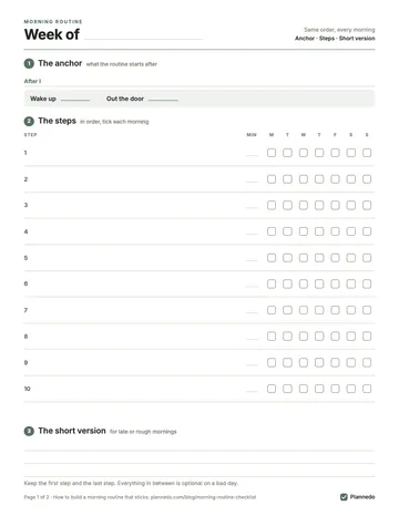 The printable morning routine checklist, two pages. Page one, for adults: the anchor 'After I…', wake-up and out-the-door times, ten numbered steps with minutes and Monday to Sunday tick boxes, and lines for a short version on bad mornings. Page two, for kids: 'My morning', six school-morning steps in big letters from 'Get up and get dressed' to 'Shoes and coat on', two empty rows, big Monday to Friday circles, and 'Ready by' and 'Leave at'.