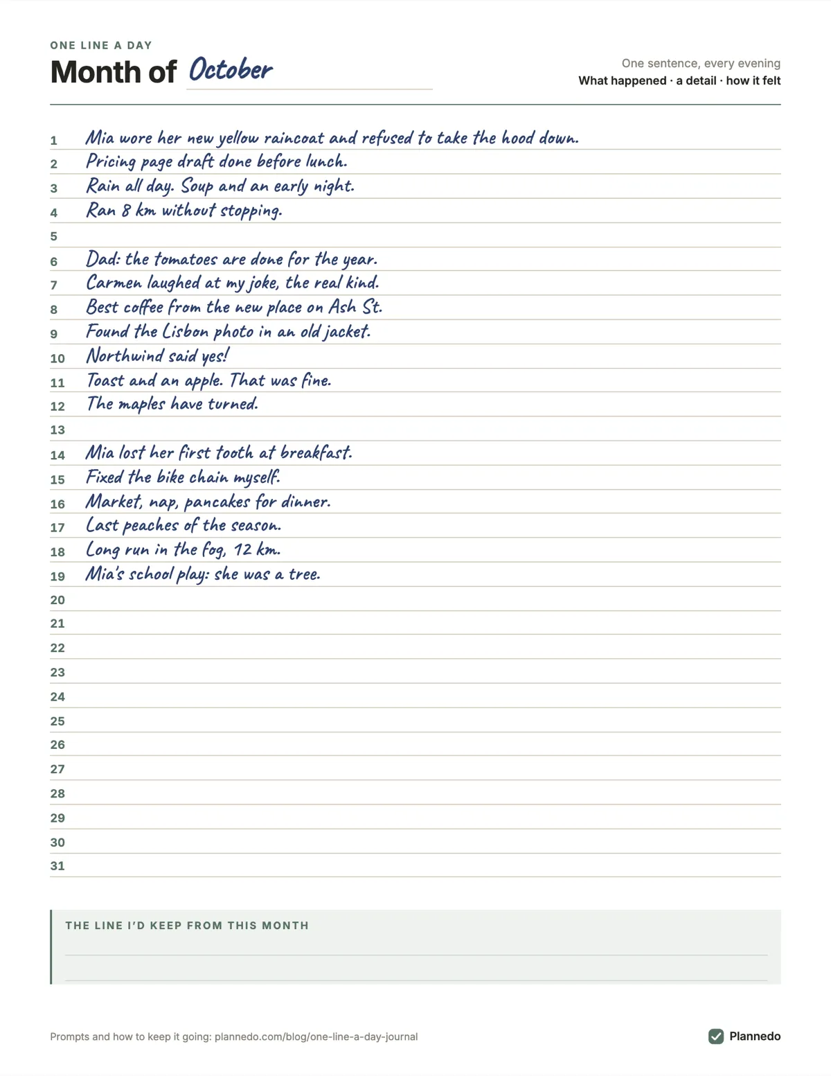 A printed one line a day page for October filled in by hand: 'Mia wore her new yellow raincoat and refused to take the hood down.', 'Pricing page draft done before lunch.', 'Ran 8 km without stopping.', an empty line on the 5th, 'Northwind said yes!', 'Mia lost her first tooth at breakfast.', 'Last peaches of the season.' and more, up to the 19th.