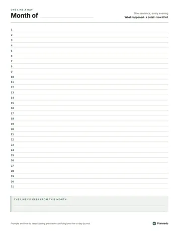 The printable one line a day journal page: 'Month of' with a line for the month's name, 31 numbered lines, one for each day, and a box at the bottom for the line worth keeping from the month.