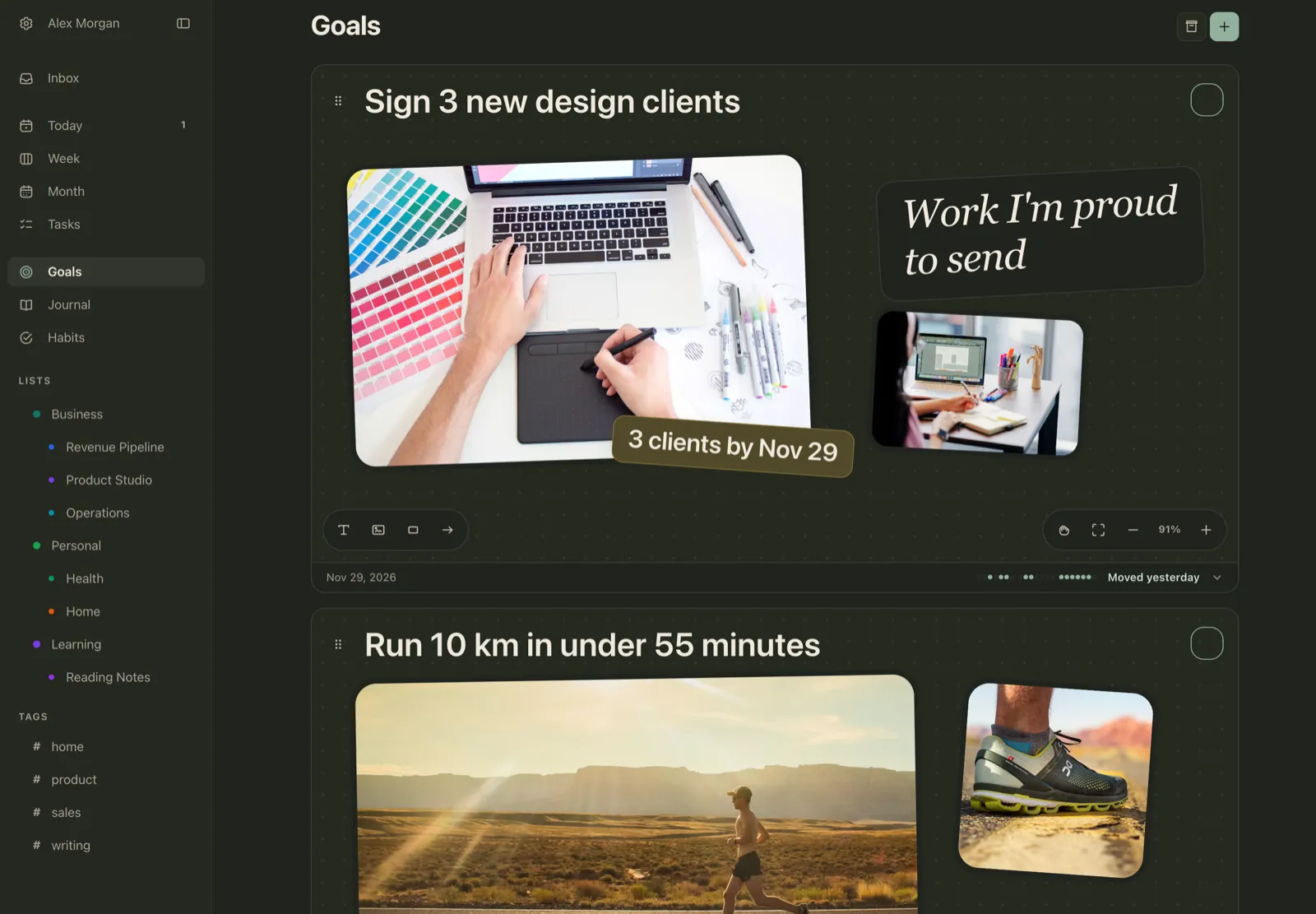 Plannedo's Goals page on a Mac with two 12-week goals. 'Sign 3 new design clients' has a board with a designer's hands on a drawing tablet beside colour swatches, a handwritten 'Work I'm proud to send', a photo of someone working at a desk and a sticky note '3 clients by Nov 29', with the deadline Nov 29, 2026 and 'Moved yesterday'. Below it, 'Run 10 km in under 55 minutes' starts with a photo of a runner on a desert road at sunrise and a close-up of a running shoe.