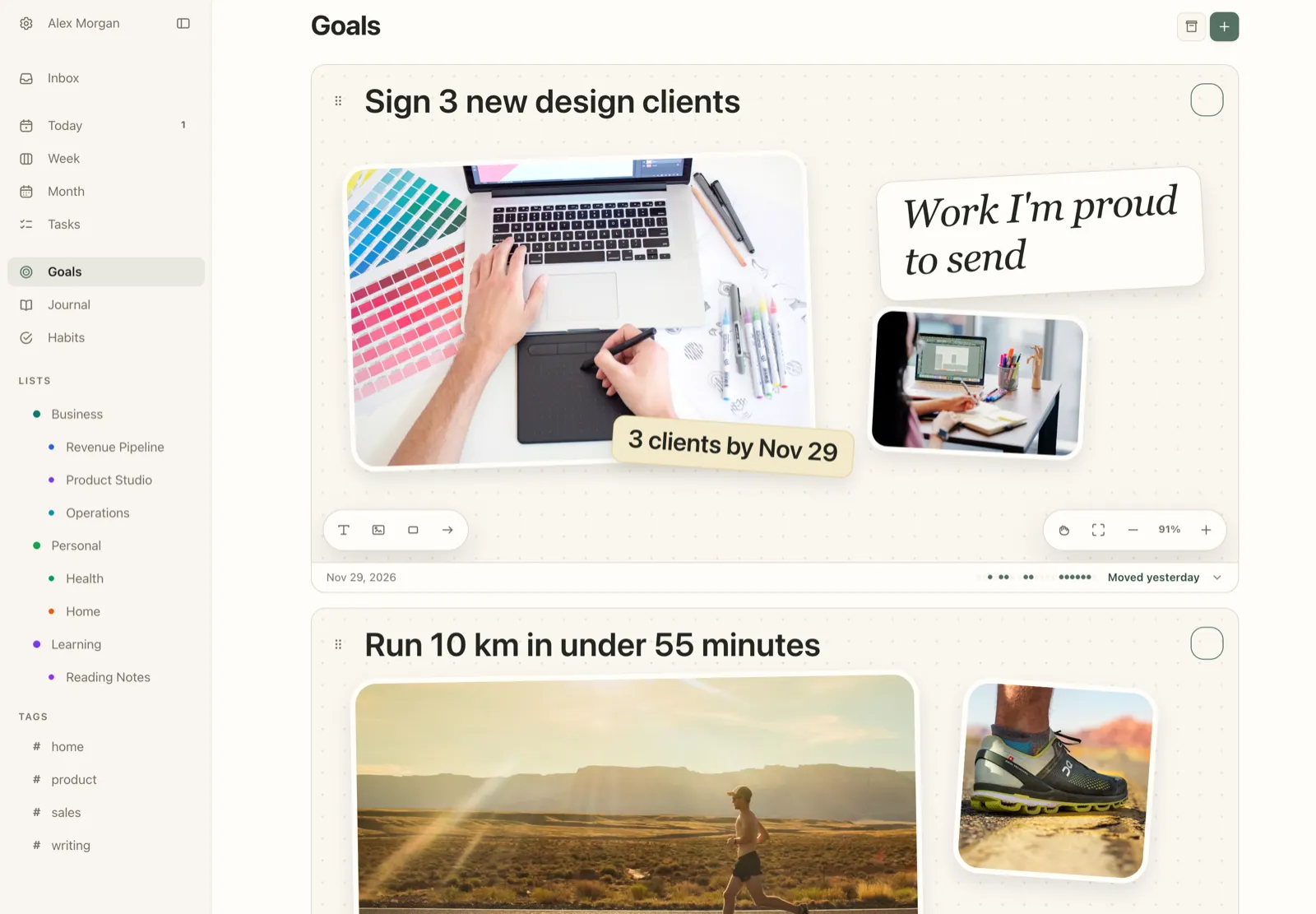 Plannedo's Goals page on a Mac with two 12-week goals. 'Sign 3 new design clients' has a board with a designer's hands on a drawing tablet beside colour swatches, a handwritten 'Work I'm proud to send', a photo of someone working at a desk and a sticky note '3 clients by Nov 29', with the deadline Nov 29, 2026 and 'Moved yesterday'. Below it, 'Run 10 km in under 55 minutes' starts with a photo of a runner on a desert road at sunrise and a close-up of a running shoe.