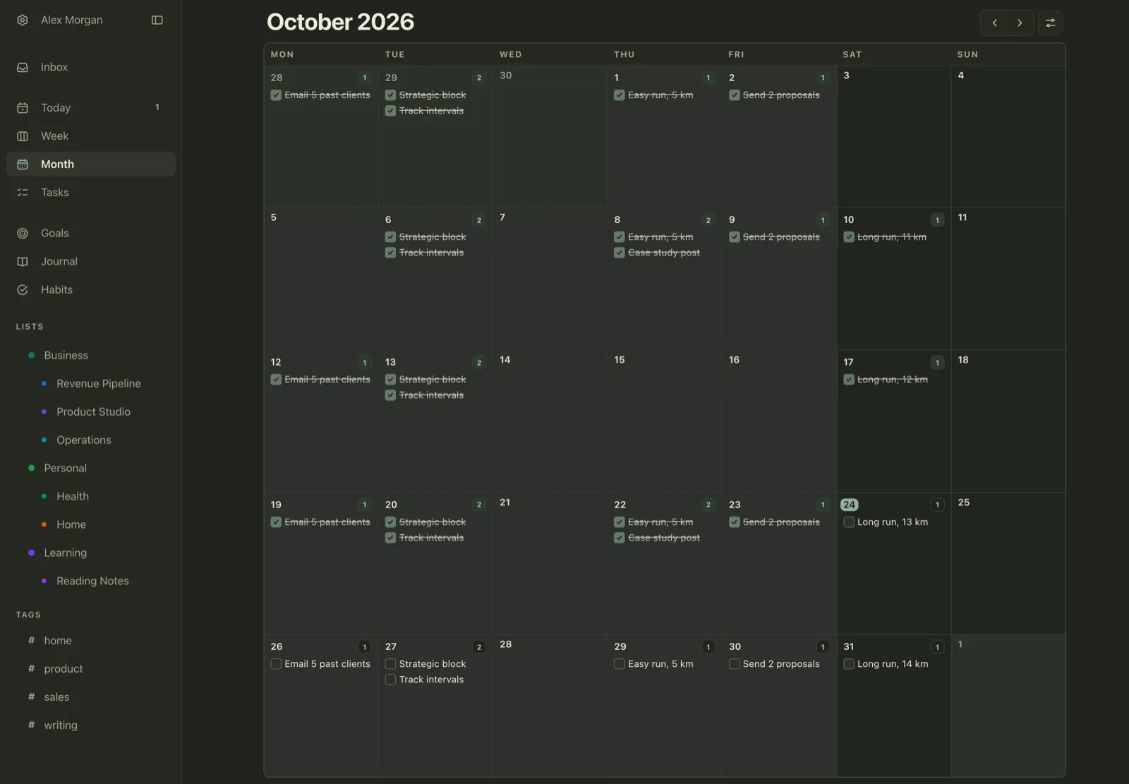 Plannedo's Month view for October 2026 on a Mac, showing the 12-week plan as tasks: Email 5 past clients on Mondays, Strategic block and Track intervals on Tuesdays, Easy run, 5 km and Case study post on Thursdays, Send 2 proposals on Fridays and long runs on Saturdays. Tasks up to October 23 are crossed out as done, with gaps where tactics were missed, and the rest of the month is still open.