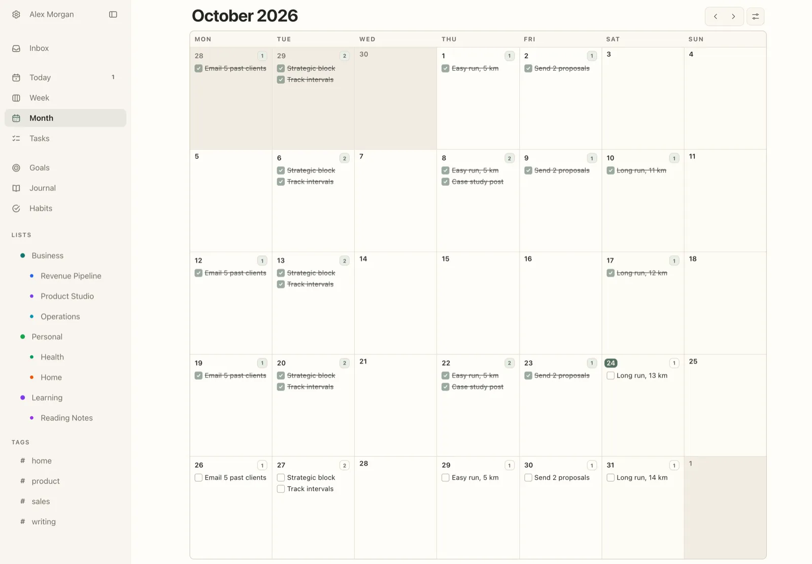 Plannedo's Month view for October 2026 on a Mac, showing the 12-week plan as tasks: Email 5 past clients on Mondays, Strategic block and Track intervals on Tuesdays, Easy run, 5 km and Case study post on Thursdays, Send 2 proposals on Fridays and long runs on Saturdays. Tasks up to October 23 are crossed out as done, with gaps where tactics were missed, and the rest of the month is still open.