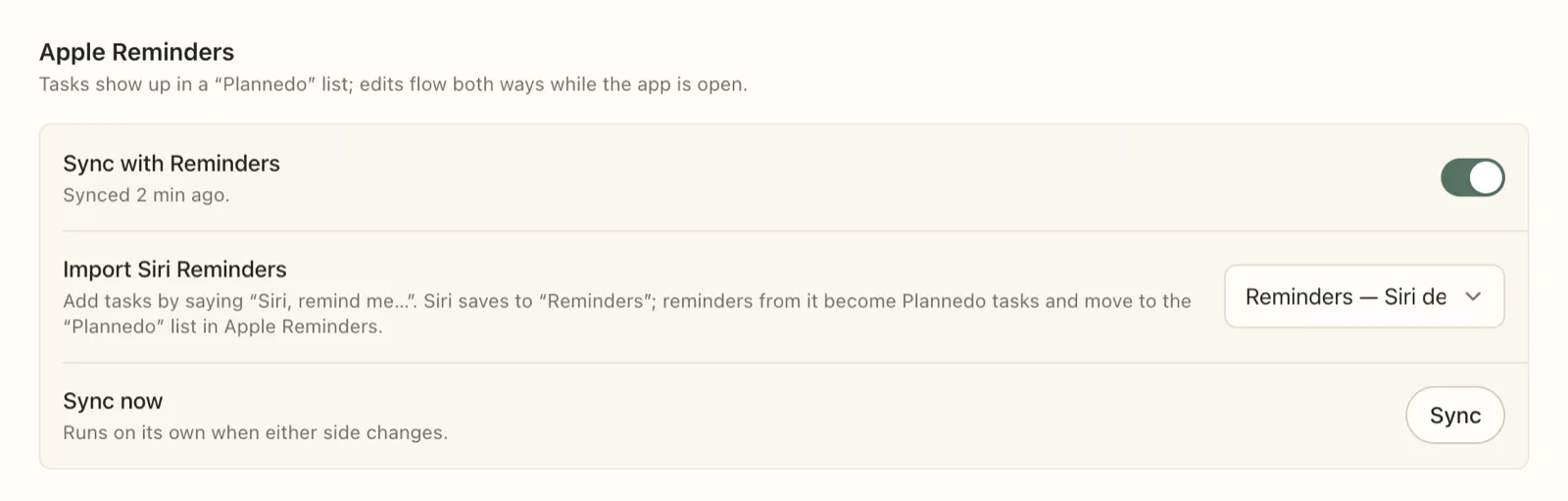 Plannedo's Apple Reminders settings: Sync with Reminders turned on and synced 2 minutes ago, Import Siri Reminders set to the Reminders list, and a Sync now button.