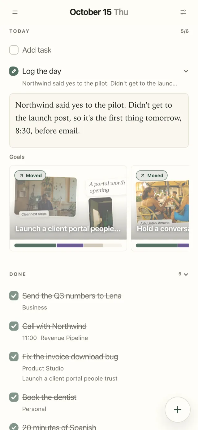 Plannedo's Today page on an iPhone on a Thursday evening: 5 of 6 done, Log the day filled in with 'Northwind said yes to the pilot. Didn't get to the launch post, so it's the first thing tomorrow, 8:30, before email.', two goal cards marked Moved, and the done tasks crossed out.
