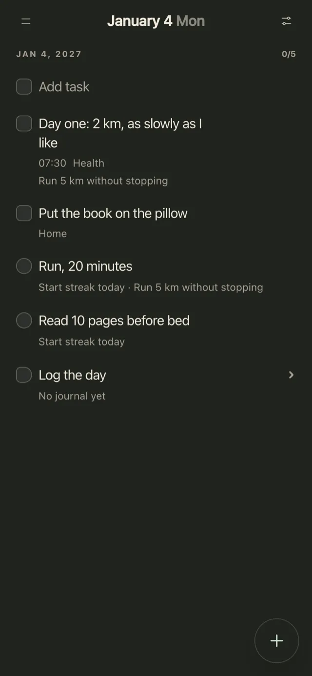 Plannedo on iPhone showing Monday, January 4, 2027: the tasks 'Day one: 2 km, as slowly as I like' at 07:30, linked to the goal Run 5 km without stopping, and 'Put the book on the pillow', then the habits 'Run, 20 minutes' and 'Read 10 pages before bed', both marked Start streak today, and Log the day.