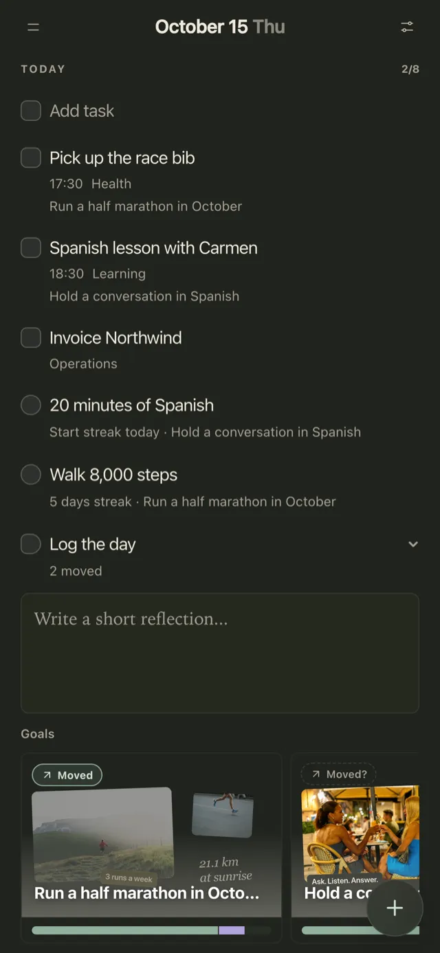 Plannedo's Today page on an iPhone: 'Pick up the race bib' and the habit 'Walk 8,000 steps' labelled with the goal 'Run a half marathon in October', 'Spanish lesson with Carmen' and '20 minutes of Spanish' labelled with 'Hold a conversation in Spanish', Log the day showing 2 moved, and goal cards marked Moved and Moved?.