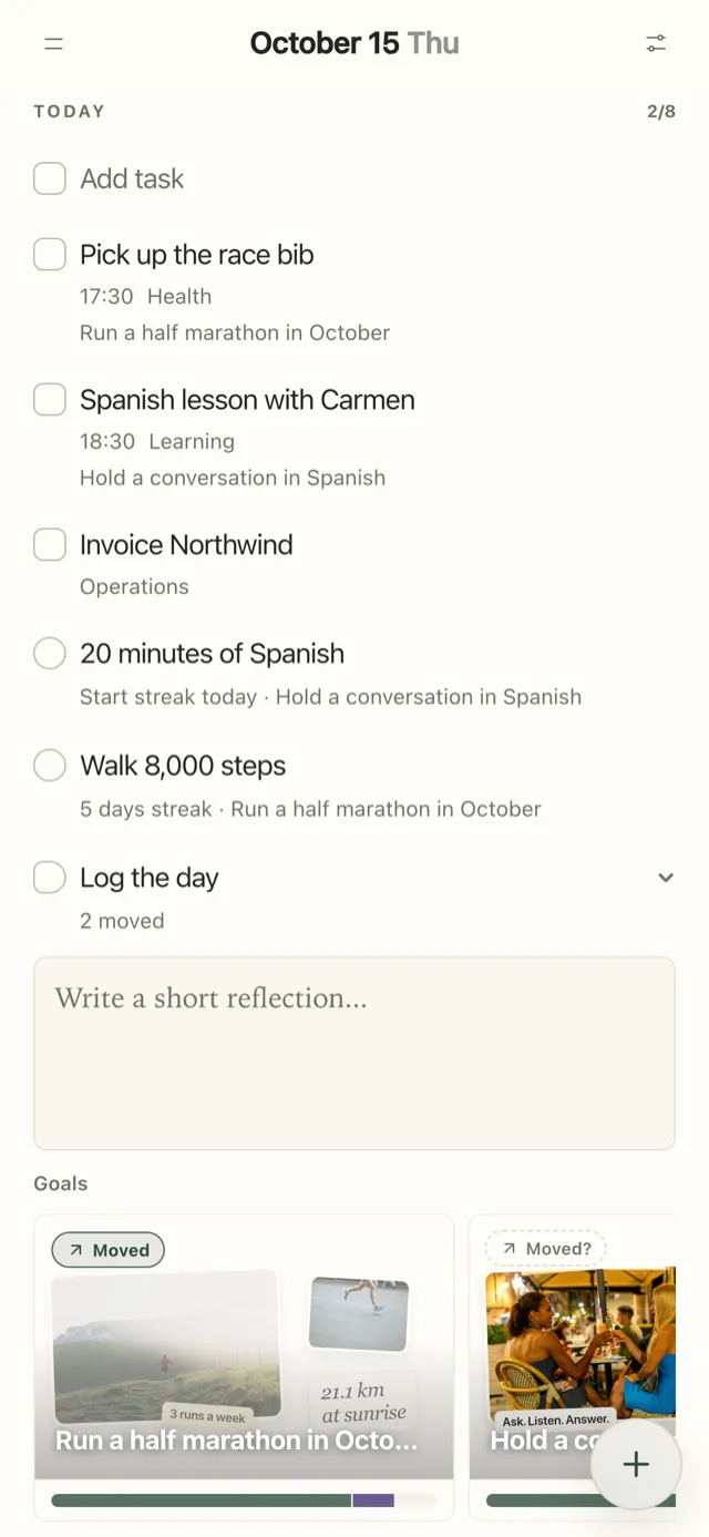 Plannedo's Today page on an iPhone: 'Pick up the race bib' and the habit 'Walk 8,000 steps' labelled with the goal 'Run a half marathon in October', 'Spanish lesson with Carmen' and '20 minutes of Spanish' labelled with 'Hold a conversation in Spanish', Log the day showing 2 moved, and goal cards marked Moved and Moved?.