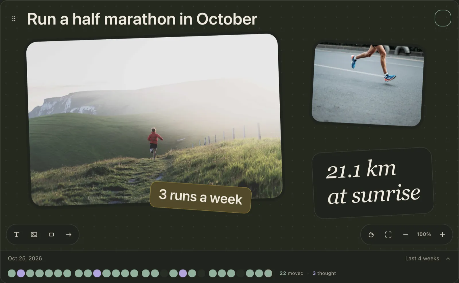 A Plannedo goal 'Run a half marathon in October' with a board of two running photos, a handwritten card '21.1 km at sunrise' and a sticky note '3 runs a week', a deadline of Oct 25, 2026, and a row of 28 daily squares for the last four weeks: 22 moved and 3 thought.