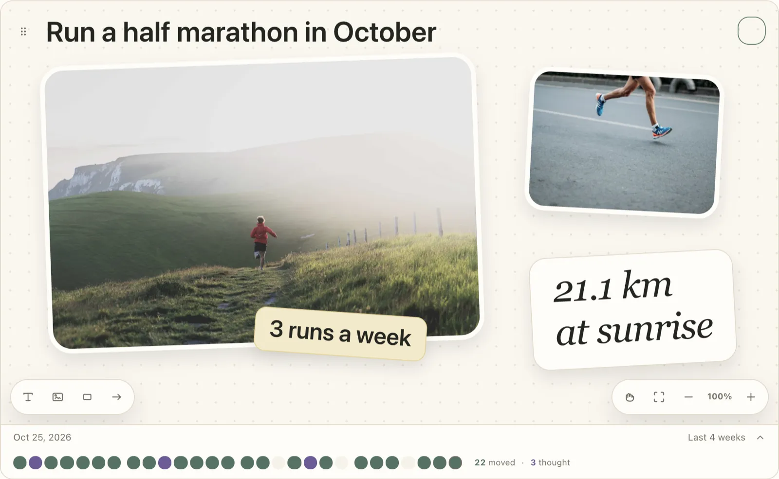 A Plannedo goal 'Run a half marathon in October' with a board of two running photos, a handwritten card '21.1 km at sunrise' and a sticky note '3 runs a week', a deadline of Oct 25, 2026, and a row of 28 daily squares for the last four weeks: 22 moved and 3 thought.
