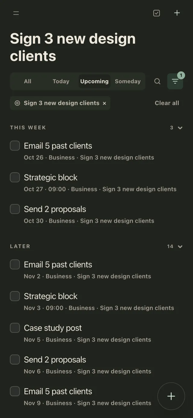 Plannedo on iPhone: the Tasks page filtered to the goal 'Sign 3 new design clients', Upcoming view. This week: Email 5 past clients on Oct 26, Strategic block on Oct 27 at 09:00, Send 2 proposals on Oct 30. Later: the same tactics continuing into November, each labelled Business and the goal's name.