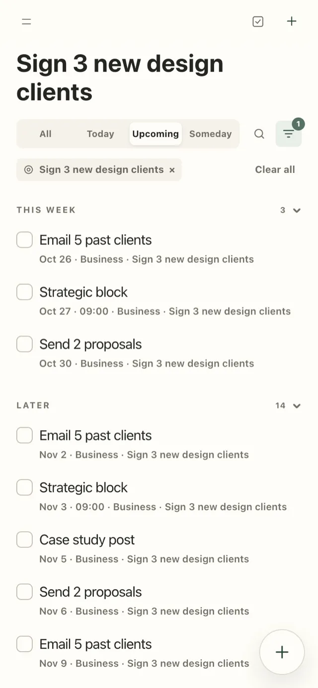 Plannedo on iPhone: the Tasks page filtered to the goal 'Sign 3 new design clients', Upcoming view. This week: Email 5 past clients on Oct 26, Strategic block on Oct 27 at 09:00, Send 2 proposals on Oct 30. Later: the same tactics continuing into November, each labelled Business and the goal's name.