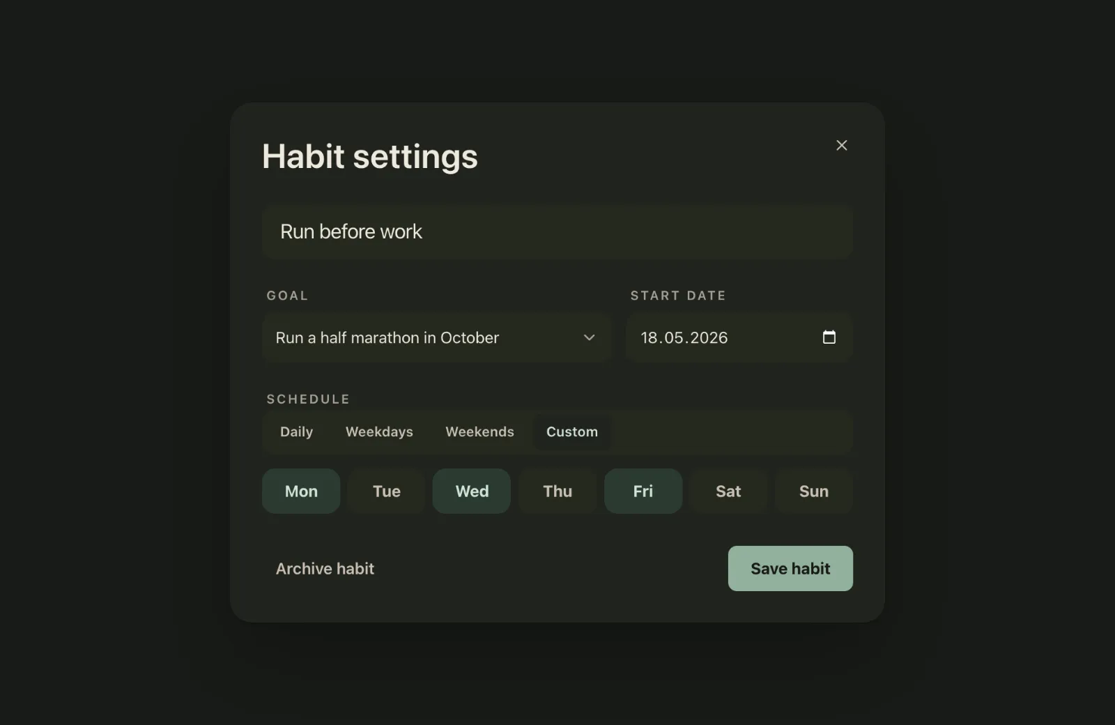 Plannedo's Habit settings for 'Run before work': linked to the goal 'Run a half marathon in October', started 18.05.2026, schedule set to Custom with Monday, Wednesday and Friday selected.