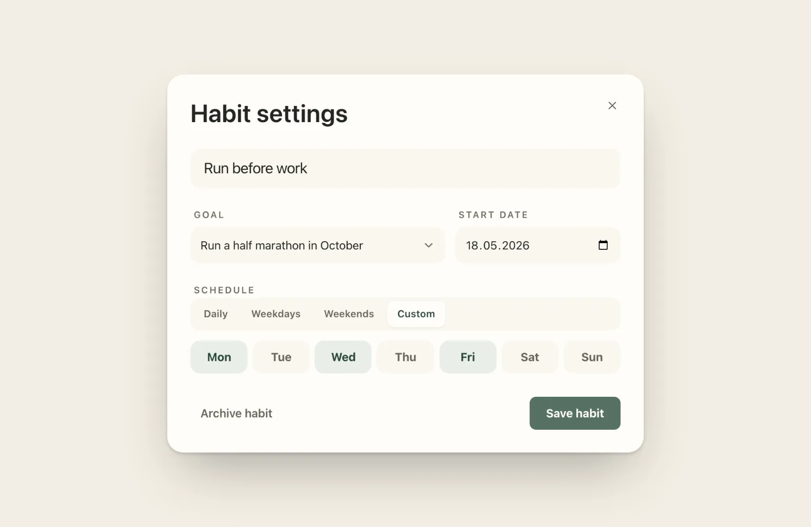 Plannedo's Habit settings for 'Run before work': linked to the goal 'Run a half marathon in October', started 18.05.2026, schedule set to Custom with Monday, Wednesday and Friday selected.