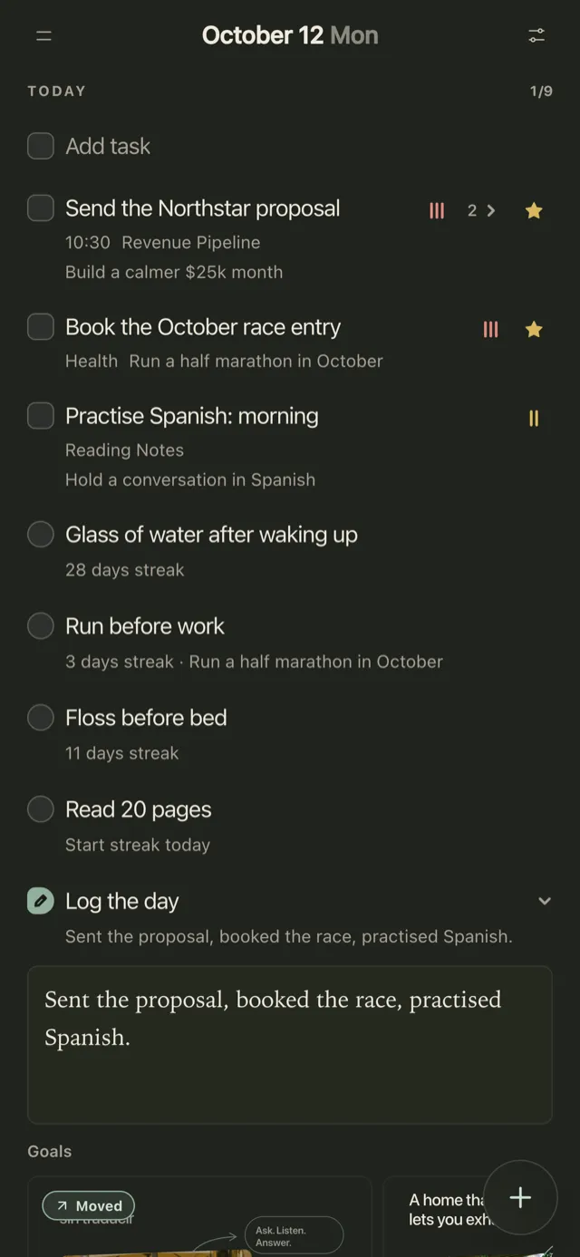 Plannedo's Today page on an iPhone with tasks and four habits: 'Glass of water after waking up' with a 28-day streak, 'Run before work' with 3 days, 'Floss before bed' with 11 days and 'Read 20 pages'.