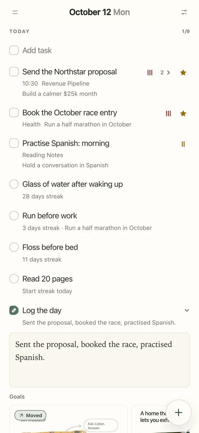 Plannedo's Today page on an iPhone with tasks and four habits: 'Glass of water after waking up' with a 28-day streak, 'Run before work' with 3 days, 'Floss before bed' with 11 days and 'Read 20 pages'.