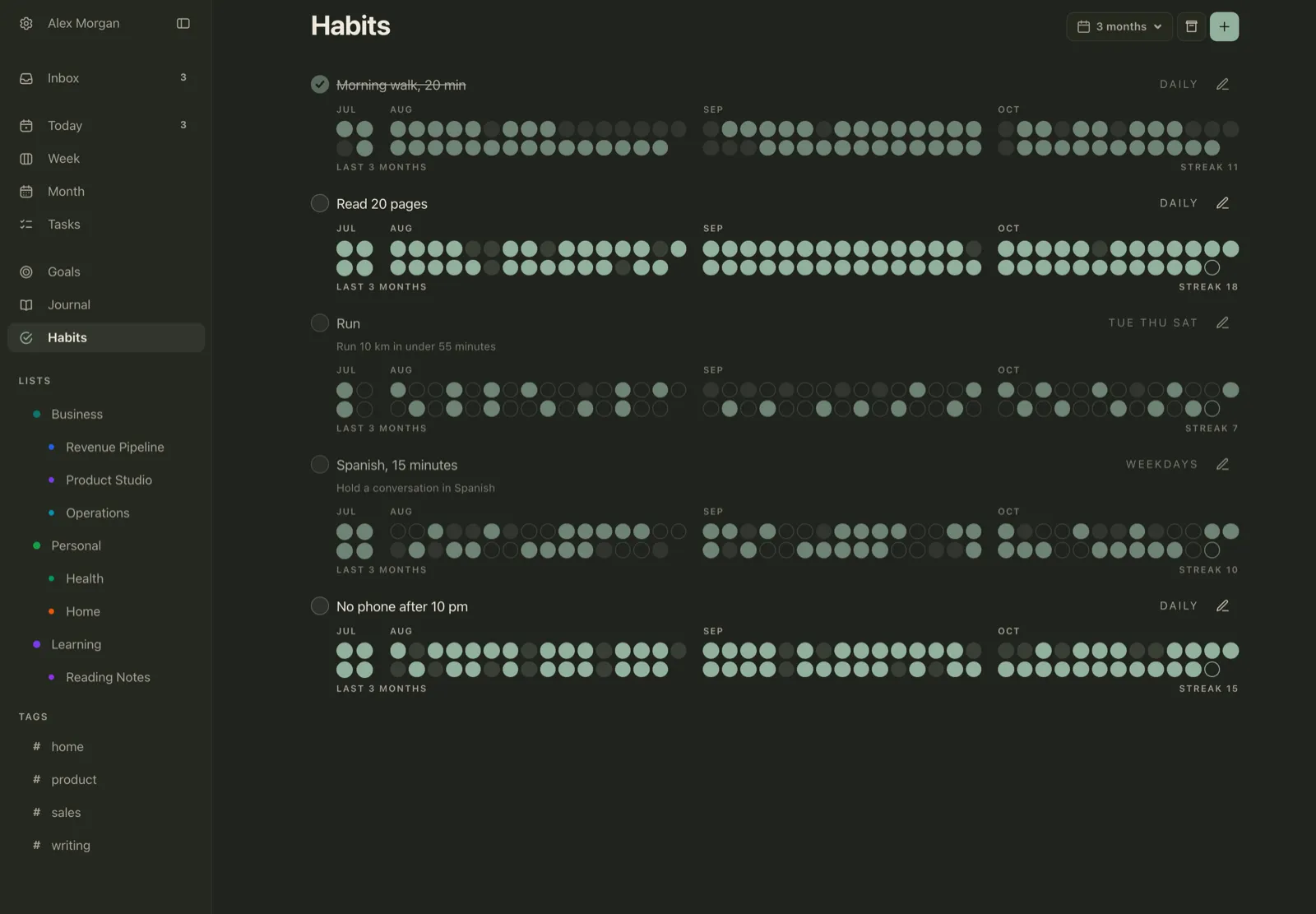 Plannedo's Habits page on a Mac set to 3 months: five habits, Morning walk, 20 min, Read 20 pages, Run, Spanish, 15 minutes and No phone after 10 pm, each with a grid of dots for August, September and October, the schedule (Daily, Tue Thu Sat, Weekdays), the linked goal under Run and Spanish, and a streak count.