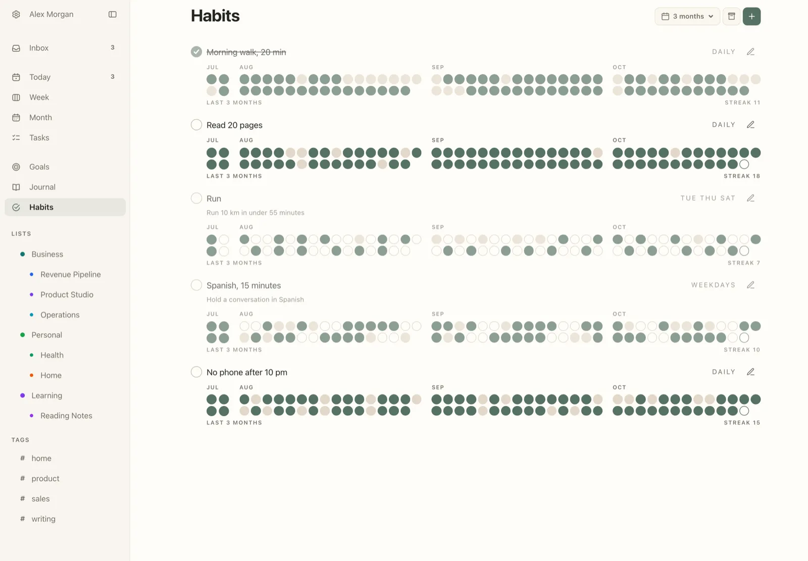 Plannedo's Habits page on a Mac set to 3 months: five habits, Morning walk, 20 min, Read 20 pages, Run, Spanish, 15 minutes and No phone after 10 pm, each with a grid of dots for August, September and October, the schedule (Daily, Tue Thu Sat, Weekdays), the linked goal under Run and Spanish, and a streak count.