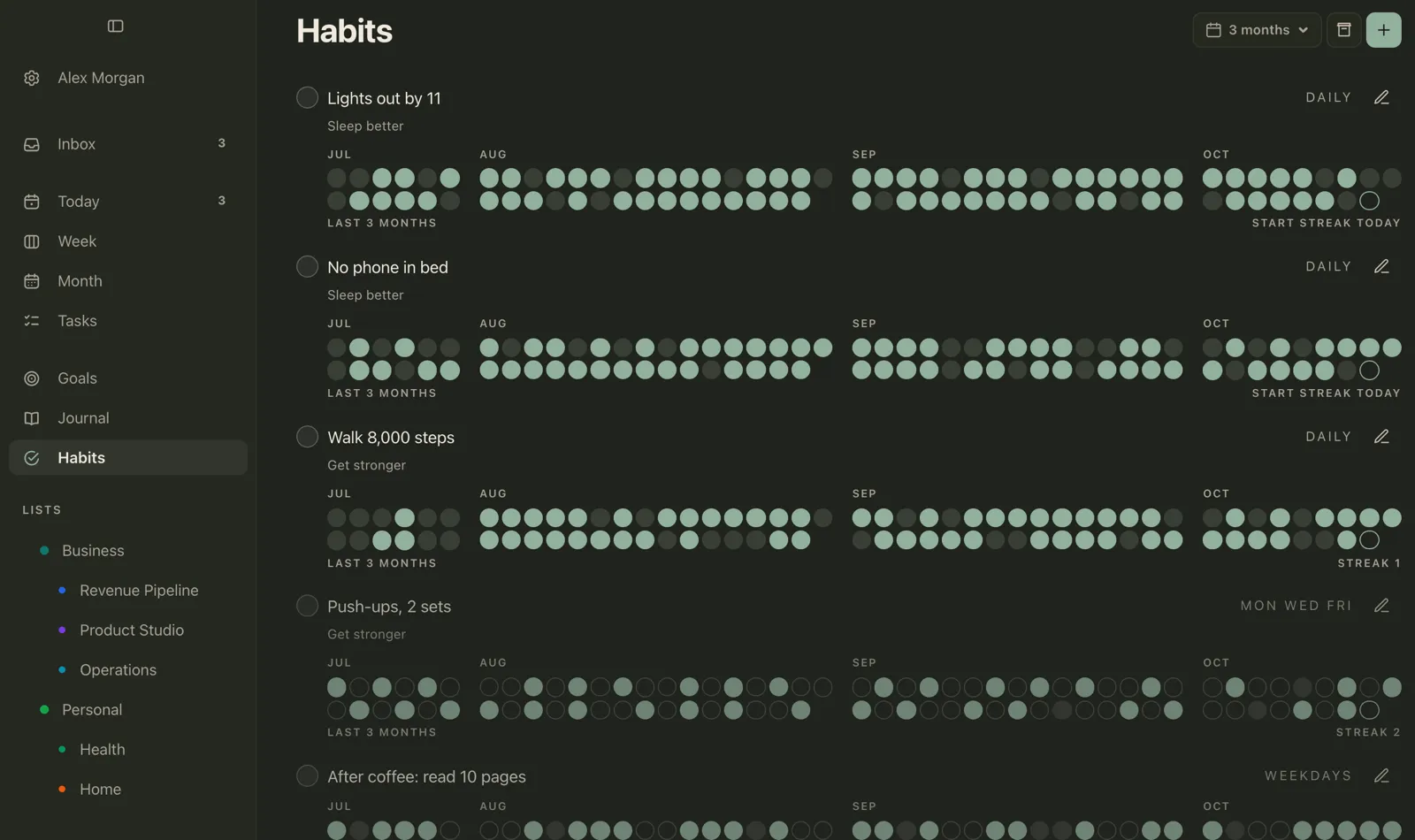 Plannedo's Habits screen on a Mac with three months of history: 'Lights out by 11' and 'No phone in bed' under the goal 'Sleep better', 'Walk 8,000 steps' and 'Push-ups, 2 sets' on Monday, Wednesday and Friday under 'Get stronger', and 'After coffee: read 10 pages' on weekdays.