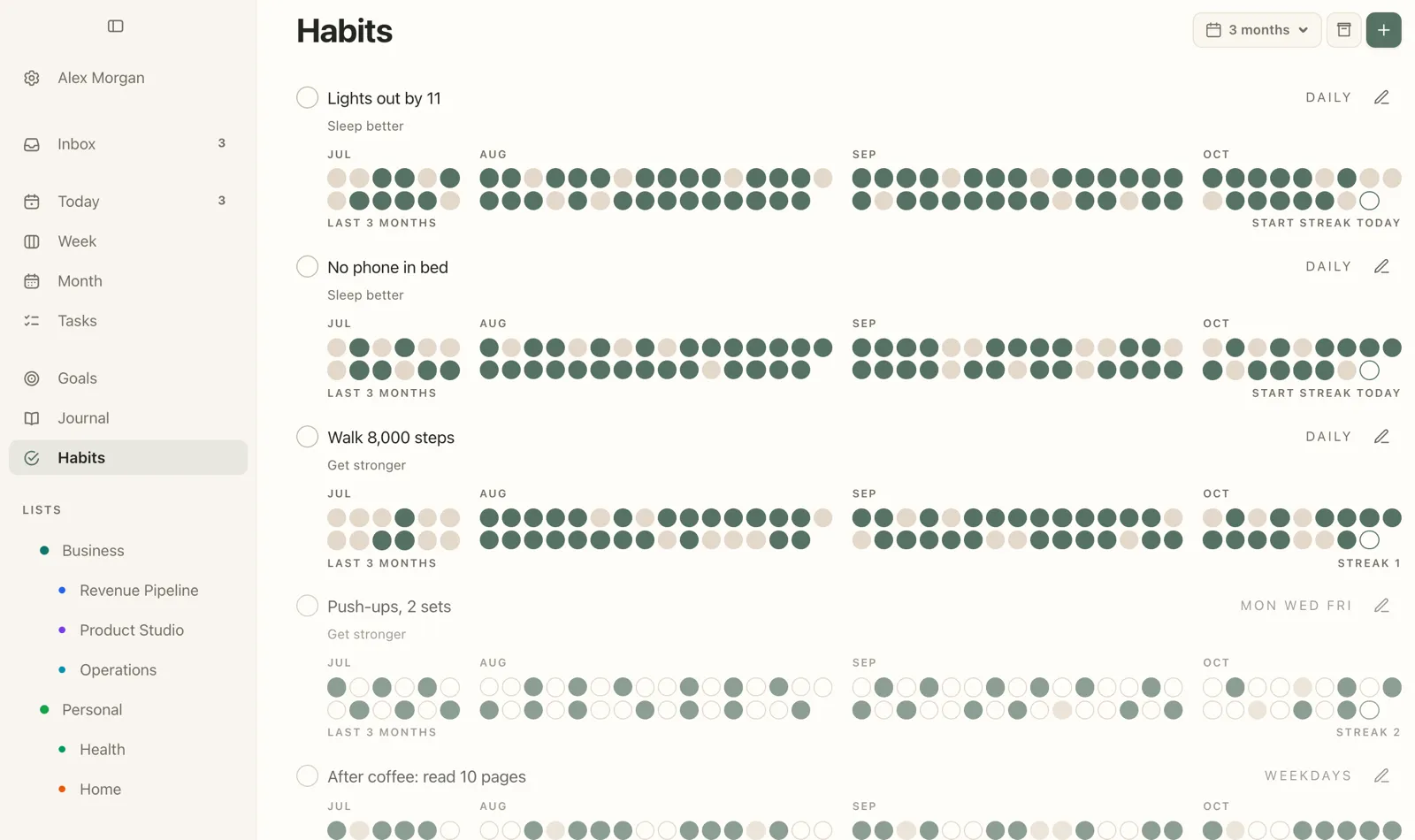 Plannedo's Habits screen on a Mac with three months of history: 'Lights out by 11' and 'No phone in bed' under the goal 'Sleep better', 'Walk 8,000 steps' and 'Push-ups, 2 sets' on Monday, Wednesday and Friday under 'Get stronger', and 'After coffee: read 10 pages' on weekdays.