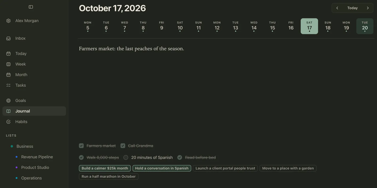 Plannedo's Journal page on a Mac for Saturday, October 17, 2026: a strip of days from October 5 to 20 with a dot under each day that has an entry and no dot on October 16, the entry 'Farmers market: the last peaches of the season.', and under it the day's done tasks, habits and goals.