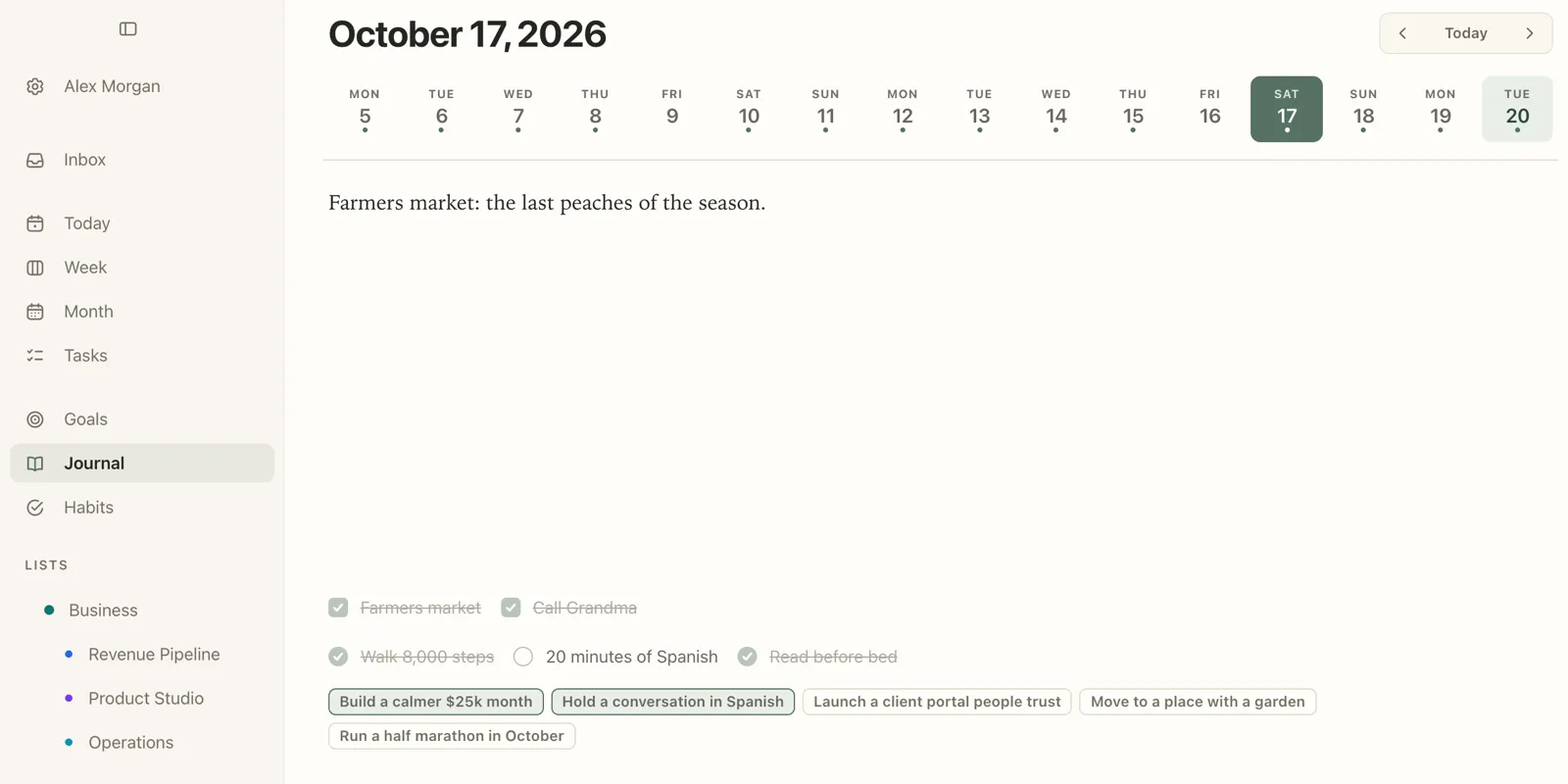 Plannedo's Journal page on a Mac for Saturday, October 17, 2026: a strip of days from October 5 to 20 with a dot under each day that has an entry and no dot on October 16, the entry 'Farmers market: the last peaches of the season.', and under it the day's done tasks, habits and goals.