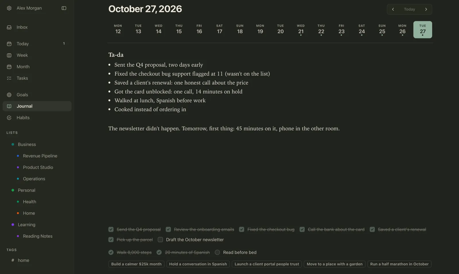 Plannedo's Journal on a Mac for October 27, 2026. The entry, headed Ta-da, lists: Sent the Q4 proposal, two days early; Fixed the checkout bug support flagged at 11 (wasn't on the list); Saved a client's renewal: one honest call about the price; Got the card unblocked: one call, 14 minutes on hold; Walked at lunch, Spanish before work; Cooked instead of ordering in. Then: The newsletter didn't happen. Tomorrow, first thing: 45 minutes on it, phone in the other room. Below the entry, the day's tasks and habits, finished ones crossed out.