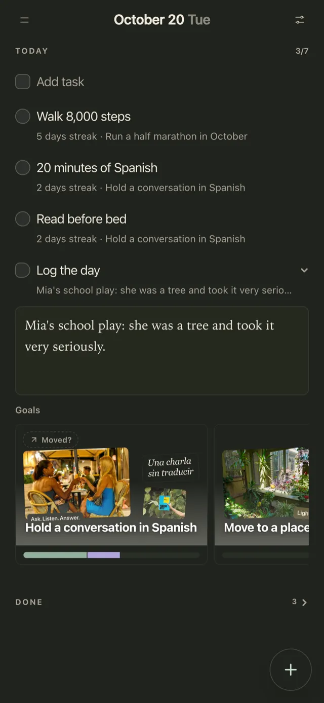 Plannedo's Today page on an iPhone in the evening: three habits, and Log the day open with the line 'Mia's school play: she was a tree and took it very seriously.', with goal cards below.