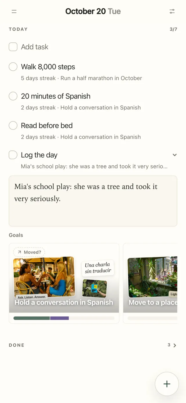 Plannedo's Today page on an iPhone in the evening: three habits, and Log the day open with the line 'Mia's school play: she was a tree and took it very seriously.', with goal cards below.