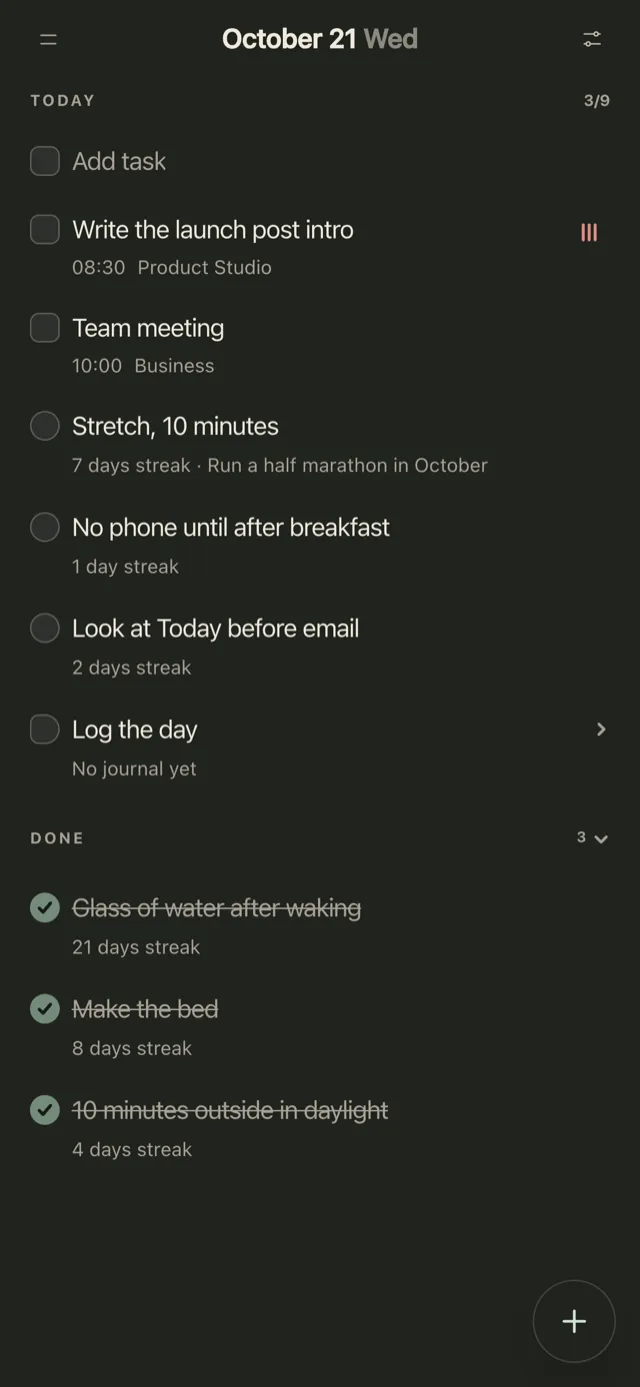 Plannedo's Today page on an iPhone on Wednesday, October 21: two tasks, the habits 'Stretch, 10 minutes' with a 7-day streak, 'No phone until after breakfast' and 'Look at Today before email' still open, and under Done the morning's first three habits ticked: 'Glass of water after waking' with a 21-day streak, 'Make the bed' and '10 minutes outside in daylight'.