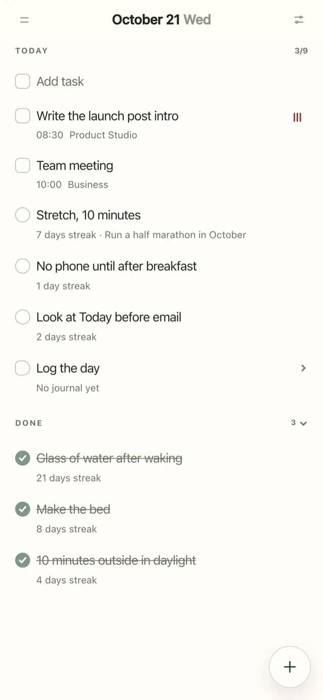Plannedo's Today page on an iPhone on Wednesday, October 21: two tasks, the habits 'Stretch, 10 minutes' with a 7-day streak, 'No phone until after breakfast' and 'Look at Today before email' still open, and under Done the morning's first three habits ticked: 'Glass of water after waking' with a 21-day streak, 'Make the bed' and '10 minutes outside in daylight'.