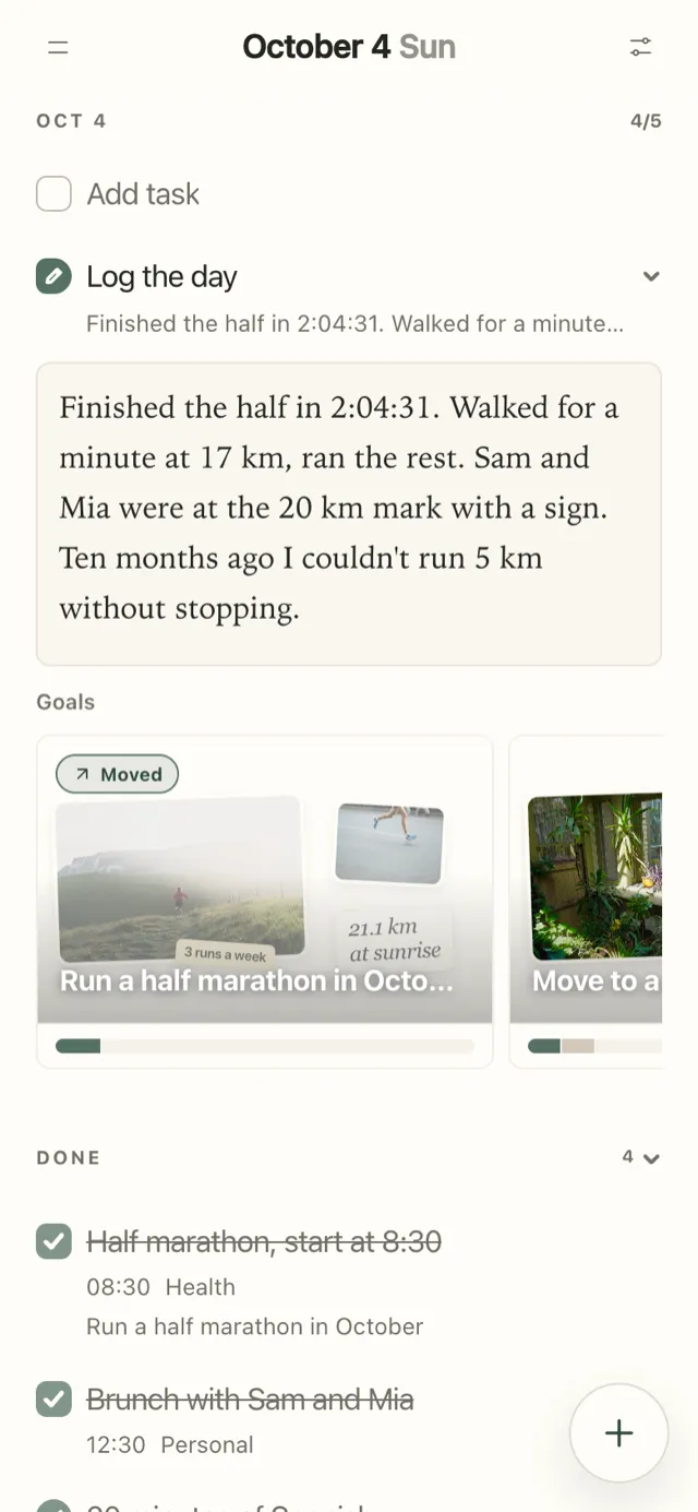 Plannedo on iPhone showing Sunday, October 4: the Log the day note reads 'Finished the half in 2:04:31. Walked for a minute at 17 km, ran the rest. Sam and Mia were at the 20 km mark with a sign.', the goal card Run a half marathon in October is marked Moved, and the Done list starts with Half marathon, start at 8:30.