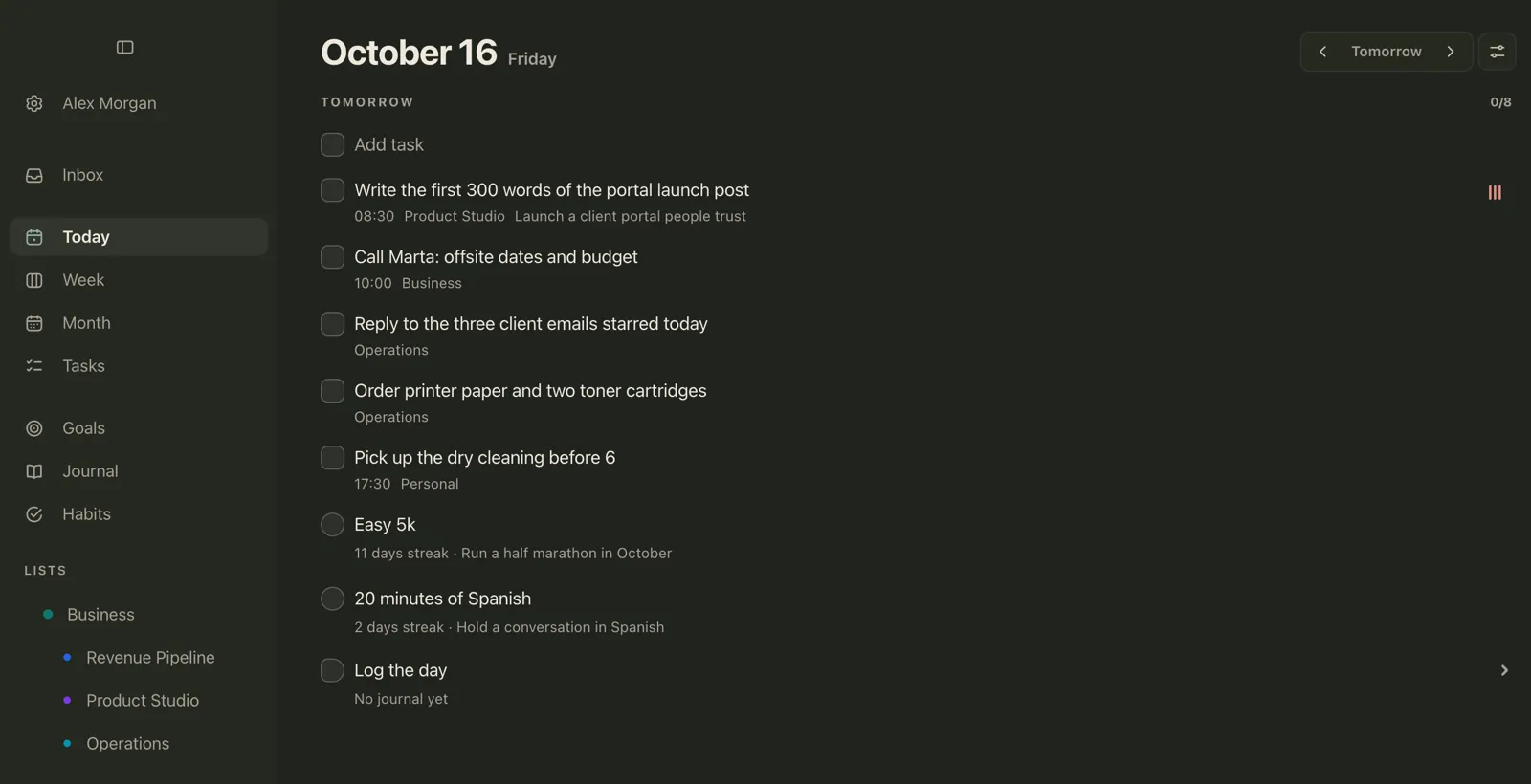 Tomorrow's list in Plannedo on a Mac, Friday, October 16: 'Write the first 300 words of the portal launch post' at 08:30 with high priority and linked to a goal, 'Call Marta: offsite dates and budget' at 10:00, 'Reply to the three client emails starred today', 'Order printer paper and two toner cartridges', 'Pick up the dry cleaning before 6' at 17:30, and two habits.
