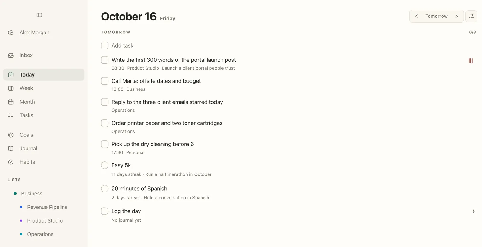 Tomorrow's list in Plannedo on a Mac, Friday, October 16: 'Write the first 300 words of the portal launch post' at 08:30 with high priority and linked to a goal, 'Call Marta: offsite dates and budget' at 10:00, 'Reply to the three client emails starred today', 'Order printer paper and two toner cartridges', 'Pick up the dry cleaning before 6' at 17:30, and two habits.