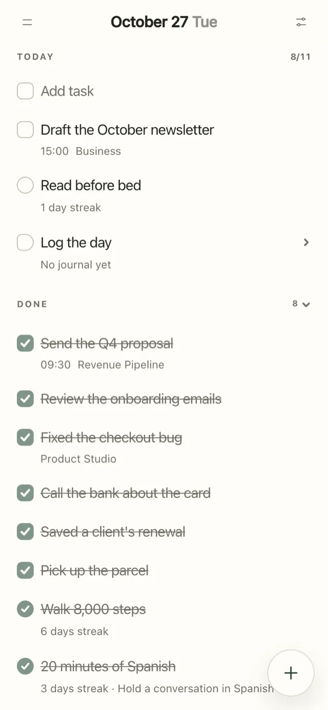 Plannedo on iPhone for Tuesday, October 27, counter 8/11. Still open: Draft the October newsletter at 15:00, Read before bed, and Log the day. Below, Done with eight items: Send the Q4 proposal, Review the onboarding emails, Fixed the checkout bug, Call the bank about the card, Saved a client's renewal, Pick up the parcel, and the habits Walk 8,000 steps and 20 minutes of Spanish.