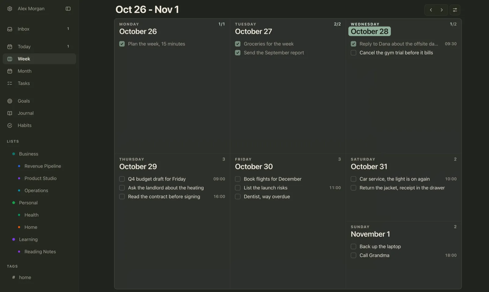 Plannedo's Week view on a Mac for October 26 to November 1, 2026, after the brain dump was sorted: Reply to Dana about the offsite dates (done) and Cancel the gym trial on Wednesday; Q4 budget draft, Ask the landlord about the heating and Read the contract before signing on Thursday; Book flights for December, List the launch risks and Dentist on Friday; Car service and Return the jacket on Saturday; Back up the laptop and Call Grandma on Sunday. One item is left in the Inbox.