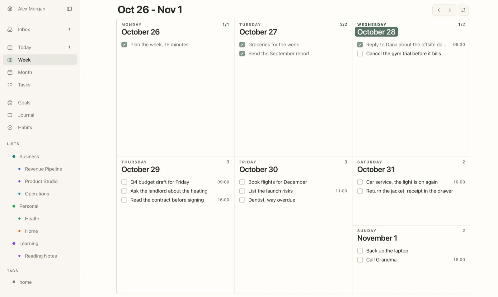 Plannedo's Week view on a Mac for October 26 to November 1, 2026, after the brain dump was sorted: Reply to Dana about the offsite dates (done) and Cancel the gym trial on Wednesday; Q4 budget draft, Ask the landlord about the heating and Read the contract before signing on Thursday; Book flights for December, List the launch risks and Dentist on Friday; Car service and Return the jacket on Saturday; Back up the laptop and Call Grandma on Sunday. One item is left in the Inbox.