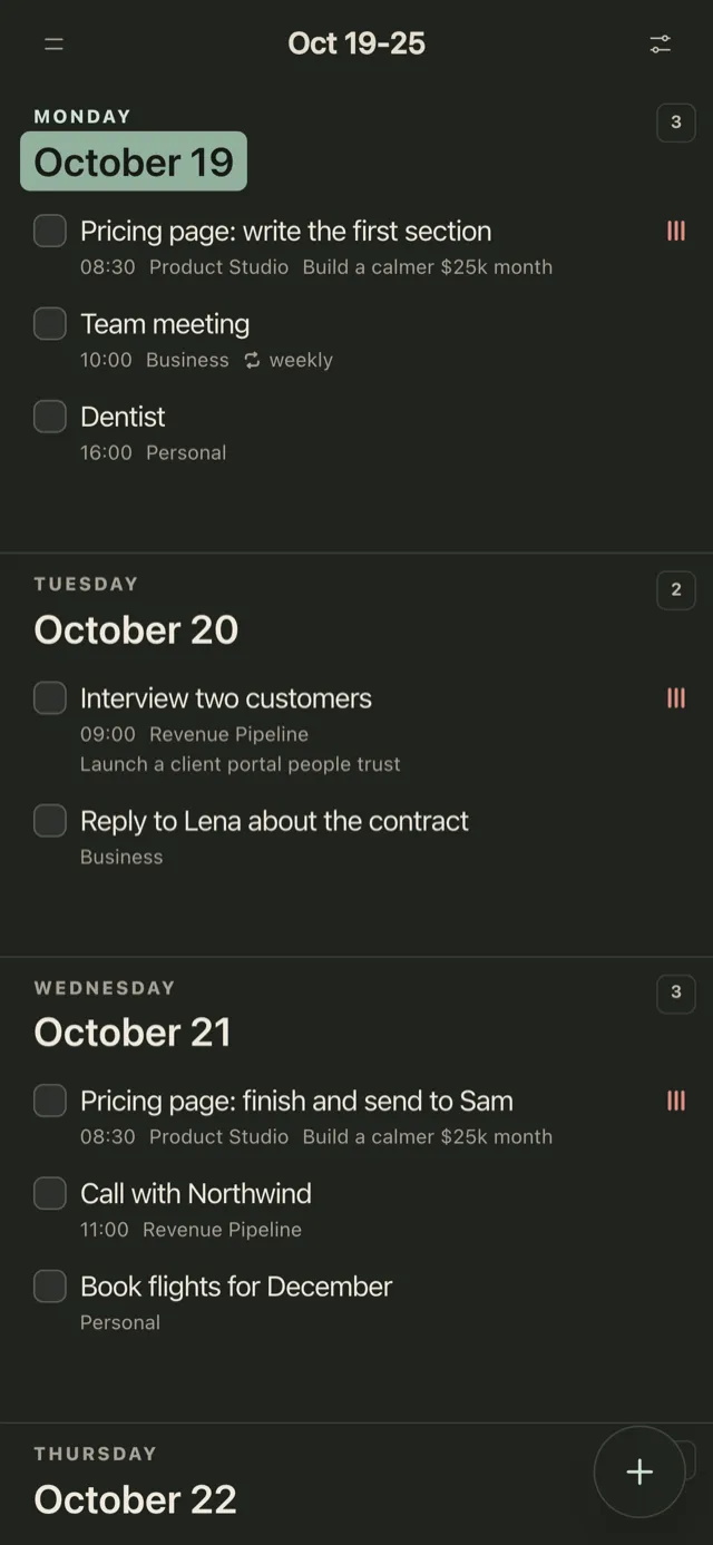 The same week in Plannedo on an iPhone, one day under another: Monday with 'Pricing page: write the first section' at 08:30, high priority, linked to the goal 'Build a calmer $25k month', 'Team meeting' at 10:00 repeating weekly and 'Dentist' at 16:00; then Tuesday and Wednesday.